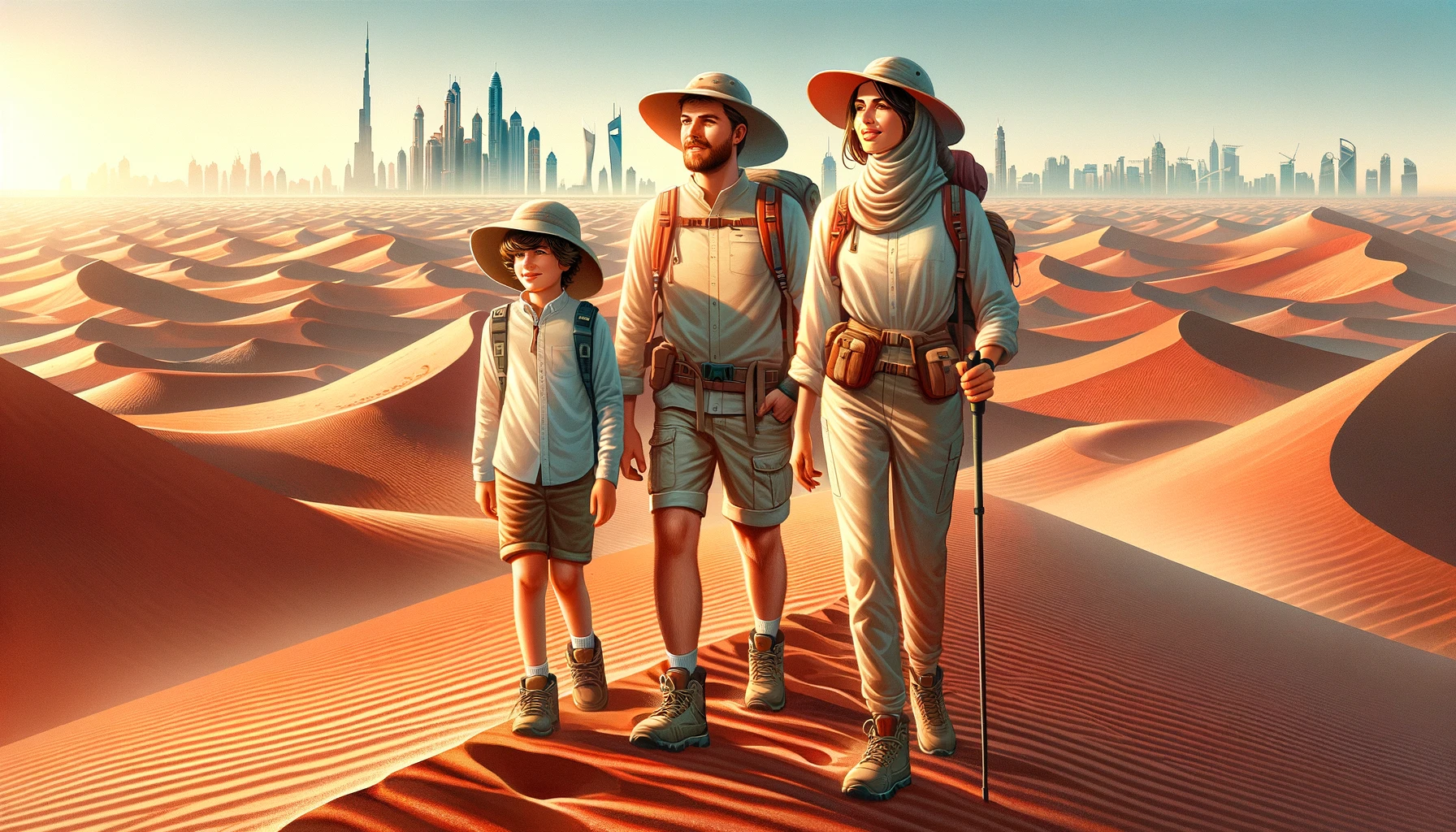 A family exploring the Dubai desert, featuring a male, a female, and a child aged 10, dressed in appropriate attire